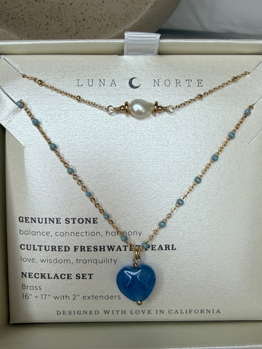 Luna Norte Gold-Plated Layered Necklace Set with Blue Heart & Pearl